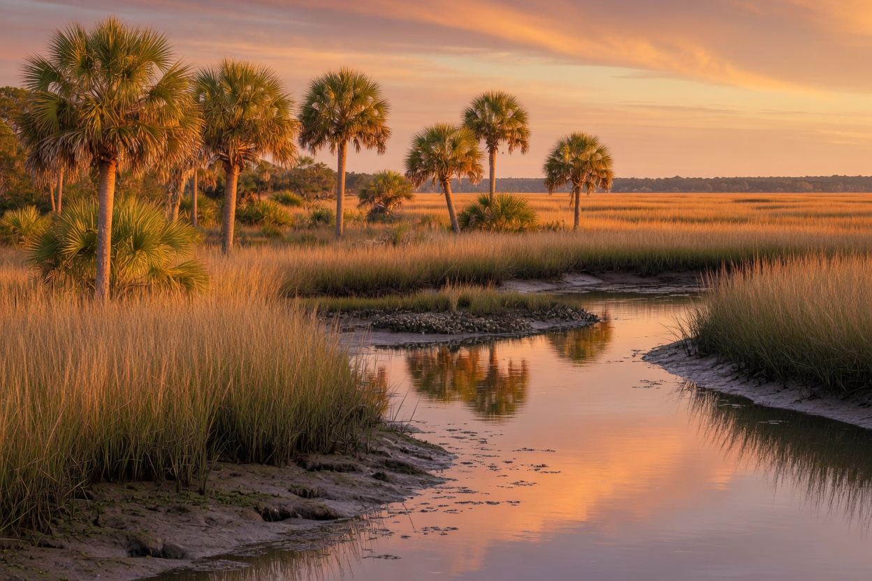 South Carolina Lowcountry coastal marsh with palmetto trees glowing at golden hour